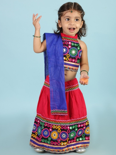 

KID1 Kidss Girls Pink & Blue Mirror Work Ready to Wear Lehenga & Blouse With Dupatta