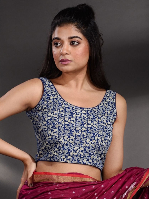 

Charukriti Women Blue Printed Cotton Saree Blouse
