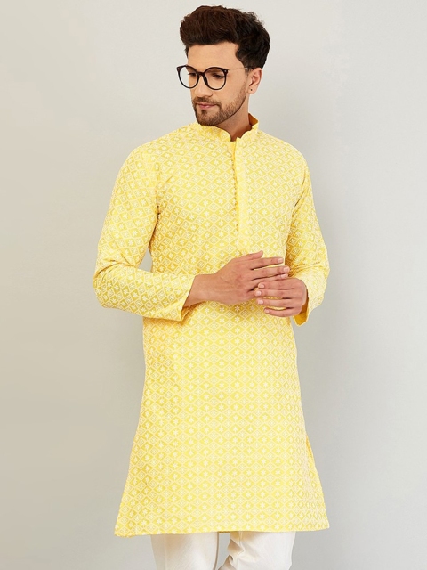 

Armaan Ethnic Men Yellow Ethnic Motifs Embroidered Thread Work Kurta