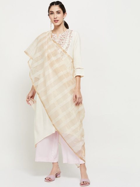 

max Beige & Gold-Toned Striped Dupatta with Zari