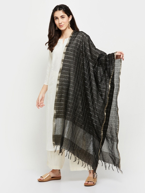 

max Black & Silver-Toned Woven Design Dupatta with Zari