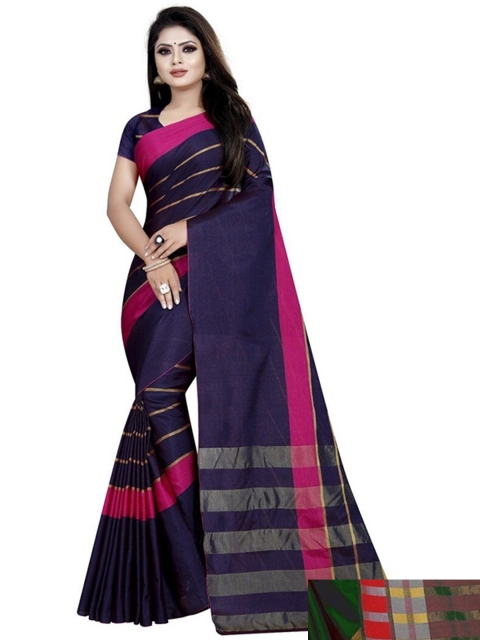

APNISHA Pack Of 2 Navy Blue & Green Striped Silk Cotton Kasavu Saree