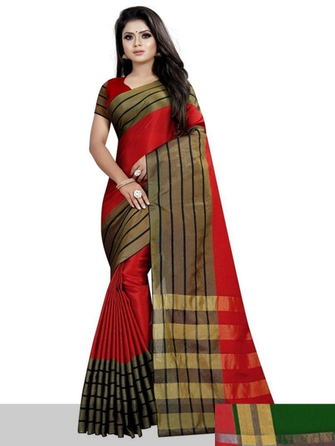 

APNISHA Pack Of 2 Red & Green Striped Silk Cotton Kasavu Saree