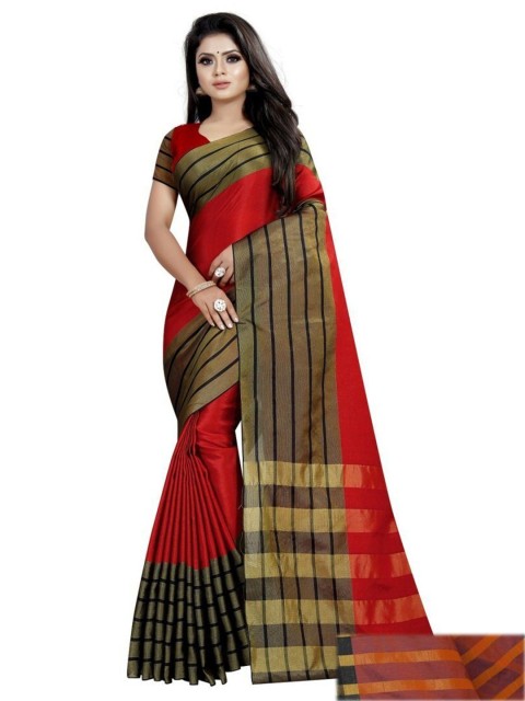 

APNISHA Pack Of 2 Red & Brown Striped Silk Cotton Kasavu Saree