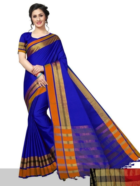 

APNISHA Pack Of 2 Blue & Red Striped Silk Cotton Kasavu Saree
