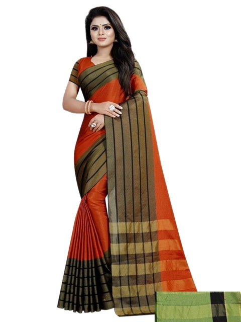 

APNISHA Pack Of 2 Green & Rust Striped Silk Cotton Kasavu Saree