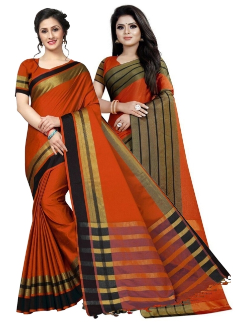 

APNISHA Pack Of 2 Brown & Black Striped Silk Cotton Kasavu Saree