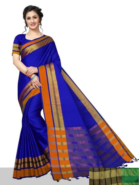 

APNISHA Pack Of 2 Green & Blue Zari Silk Cotton Kasavu Saree