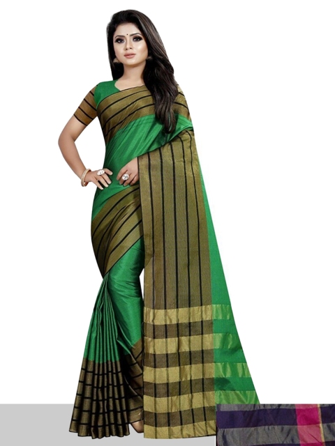 

APNISHA Pack Of 2 Green & Navy Blue Striped Silk Cotton Kasavu Saree