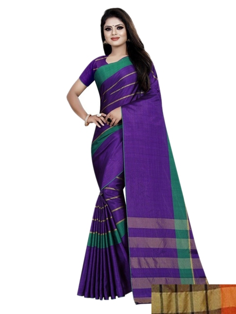 

APNISHA Pack Of 2 Purple & Green Striped Silk Cotton Kasavu Saree