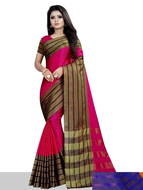 

APNISHA Pack Of 2 Blue & Pink Striped Silk Cotton Kasavu Saree