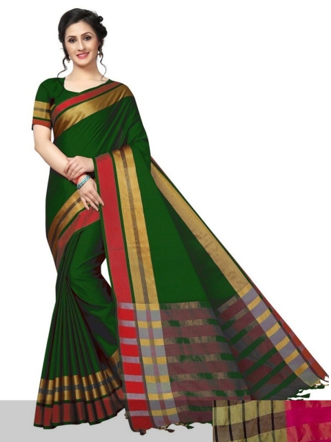 

APNISHA Pack Of 2 Pink & Green Striped Silk Cotton Kasavu Saree