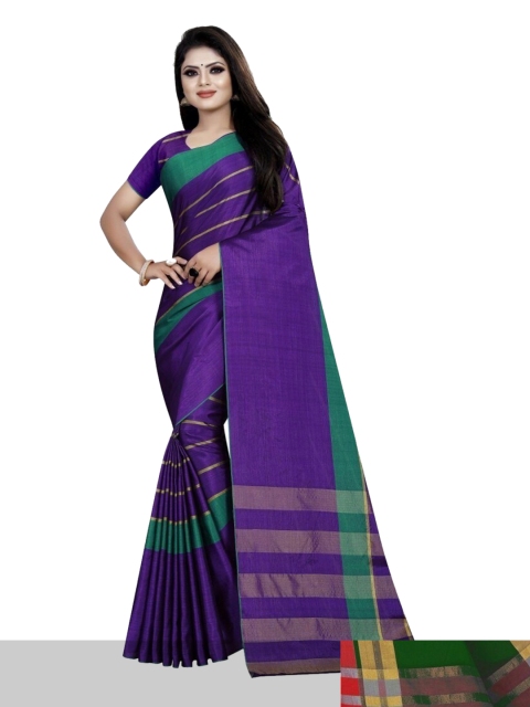 

APNISHA Pack Of 2 Purple & Green Striped Silk Cotton Kasavu Saree