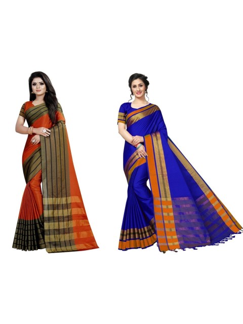 

APNISHA Pack Of 2 Blue & Gold-Toned Striped Silk Cotton Kasavu Saree