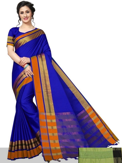 

APNISHA Pack Of 2 Green & Blue Striped Silk Cotton Kasavu Saree