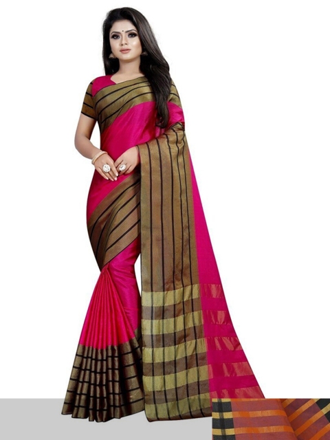 

APNISHA Pack Of 2 Pink & Gold-Toned Striped Silk Cotton Kasavu Saree