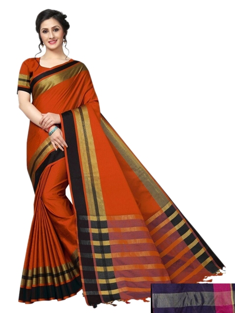 

APNISHA Pack Of 2 Blue & Brown Striped Silk Cotton Kasavu Saree