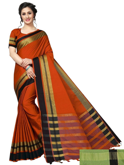 

APNISHA Pack Of 2 Green & Orange Zari Silk Cotton Kasavu Saree