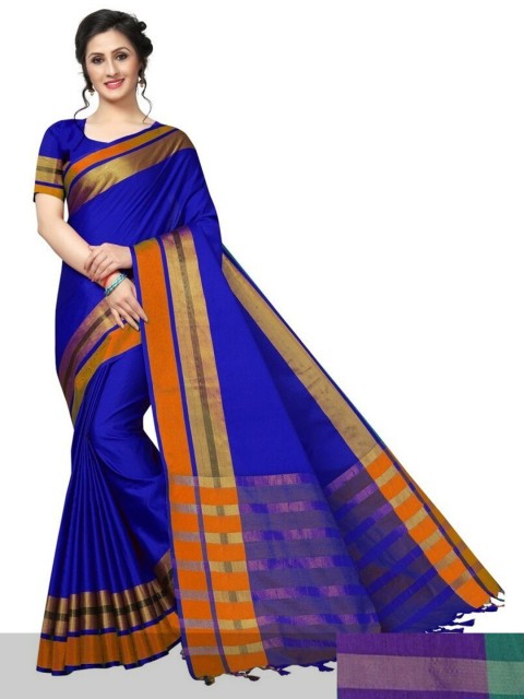 

APNISHA Pack Of 2 Purple & Blue Zari Silk Cotton Kasavu Saree