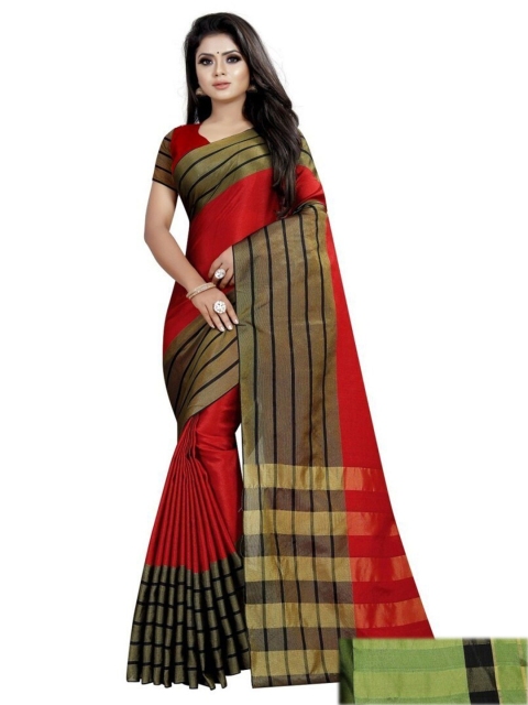 

APNISHA Pack Of 2 Red & Olive Green Striped Silk Cotton Kasavu Saree