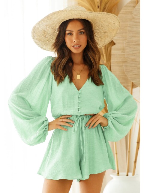 

BoStreet Women Green Solid V-Neck Playsuit