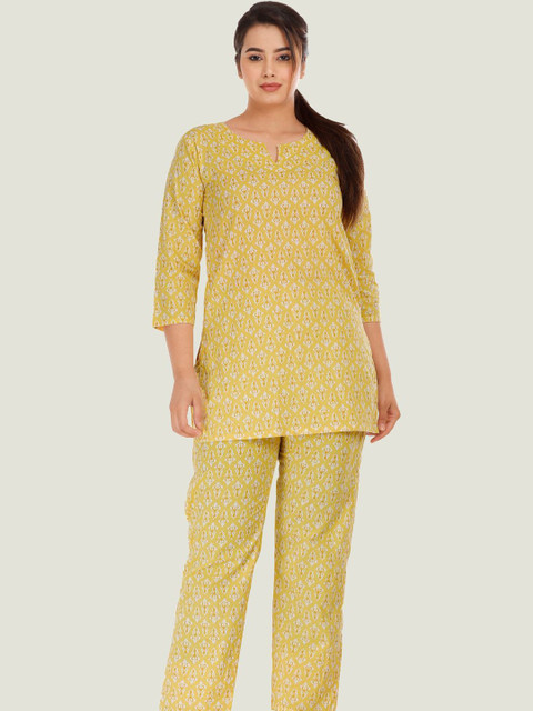 

HOUSE OF JAMOTI Women Yellow Ethnic Motifs Printed Pure Cotton Kurti with Trousers