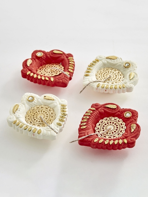 

Home Centre Set Of 4 Red & White Embellished Terracotta Diya