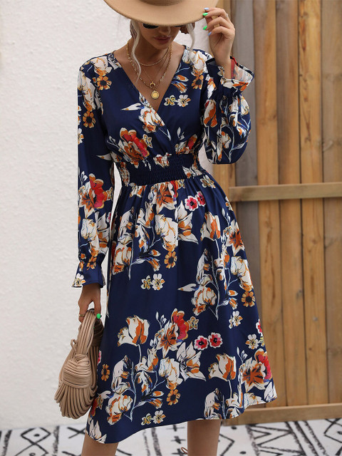 

BoStreet Navy Blue Floral Fit and Flare Dresses
