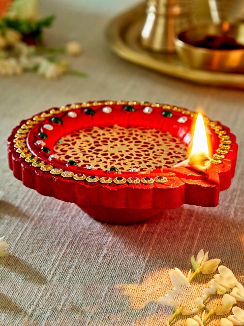 

Home Centre Red Textured Embellished Terracotta Clay Akhand Diya