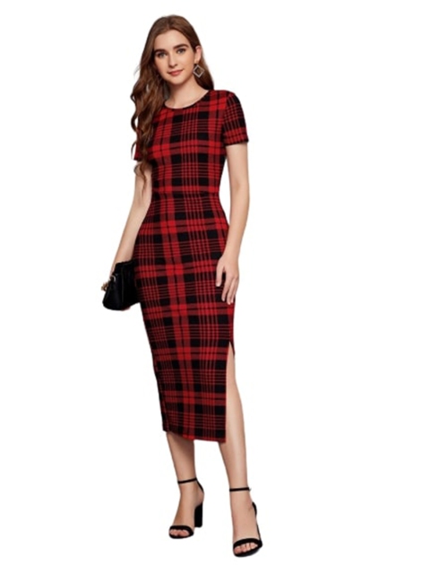 

LOOKFIELD Red Checked Sheath Midi Dress