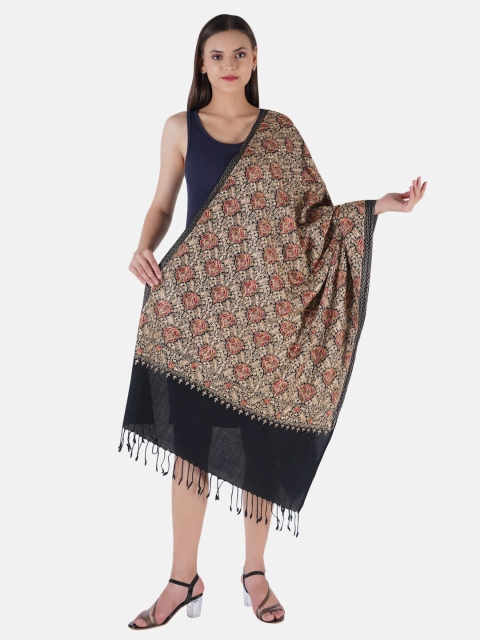 

MUFFLY Women Pashmina Fine Wool Zari Embroidery Stole, Black