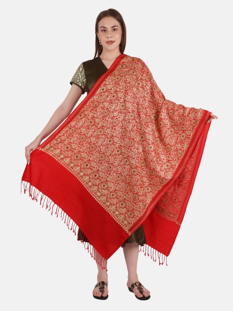 

MUFFLY Women Silky Pashmina Fine Wool Nalki Border Embroidered Needle Work Stole, Red