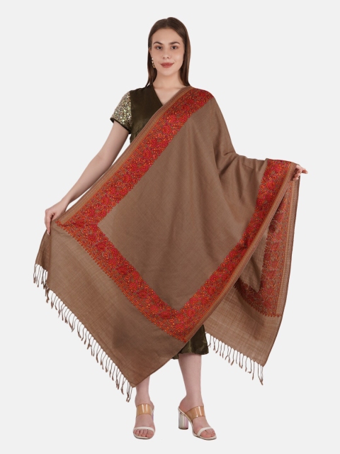 

MUFFLY Women Pashmina Fine Wool Zari Embroidery Stole, Khaki