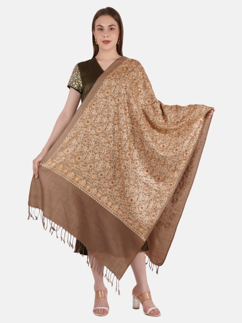 

MUFFLY Women Pashmina Fine Wool Nalki Border Embroidered Needle Work Stole, Brown