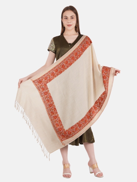 

MUFFLY Women Pashmina Fine Wool Zari Embroidery Stole, Cream