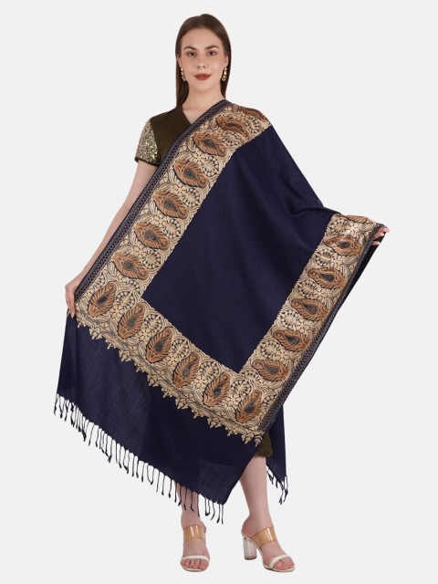 

MUFFLY Women Pashmina Fine Wool Zari Embroidery Stole, Navy blue