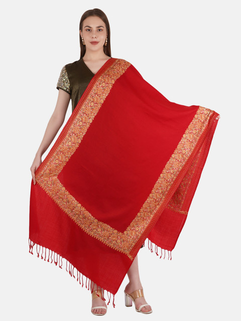 

MUFFLY Women Pashmina Fine Wool Zari Embroidery Stole, Red
