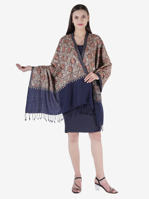 

MUFFLY Women Pashmina Fine Wool Zari Embroidery Stole, Blue
