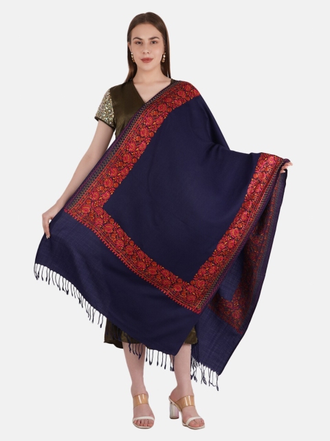 

MUFFLY Women Pashmina Fine Wool Zari Embroidery Stole, Navy blue