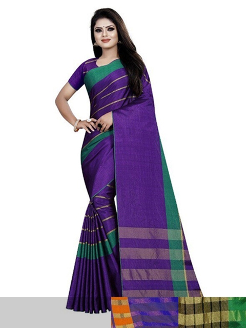 

APNISHA Pack Of 3 Striped Border Kasavu Saree With Blouse Piece, Green