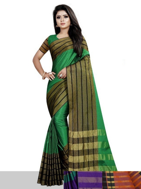 

APNISHA Pack Of 3 Striped Border Kasavu Saree With Blouse Piece, Green