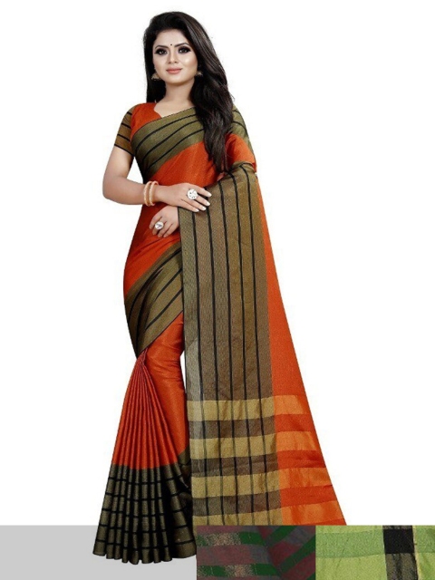 

APNISHA Pack Of 3 Striped Border Kasavu Saree With Blouse Piece, Orange