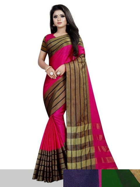 

APNISHA Pack Of 3 Striped Border Kasavu Saree With Blouse Piece, Green