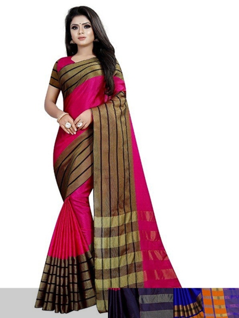

APNISHA Pack Of 3 Striped Border Kasavu Saree With Blouse Piece, Blue