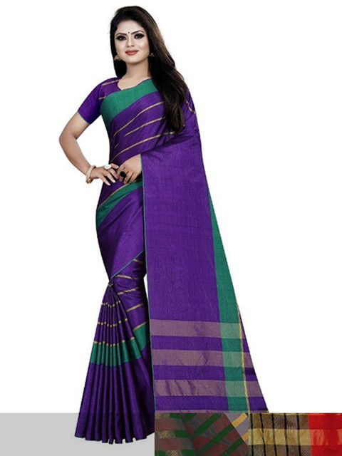 

APNISHA Pack Of 3 Striped Border Kasavu Saree With Blouse Piece, Red