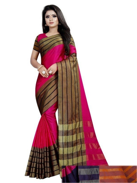 

APNISHA Pack Of 3 Striped Border Kasavu Saree With Blouse Piece, Pink