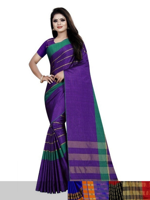 

APNISHA Pack Of 3 Striped Border Kasavu Saree With Blouse Piece, Red