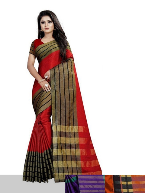 

APNISHA Pack Of 3 Striped Border Kasavu Saree With Blouse Piece, Blue