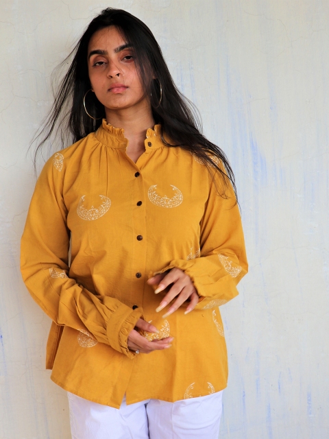 

Chidiyaa Mustard Yellow Pure Cotton Conversational Print Mandarin Collar Shirt Style Top