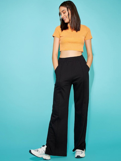 

Bewakoof Women Black Solid Wide Leg Track Pants